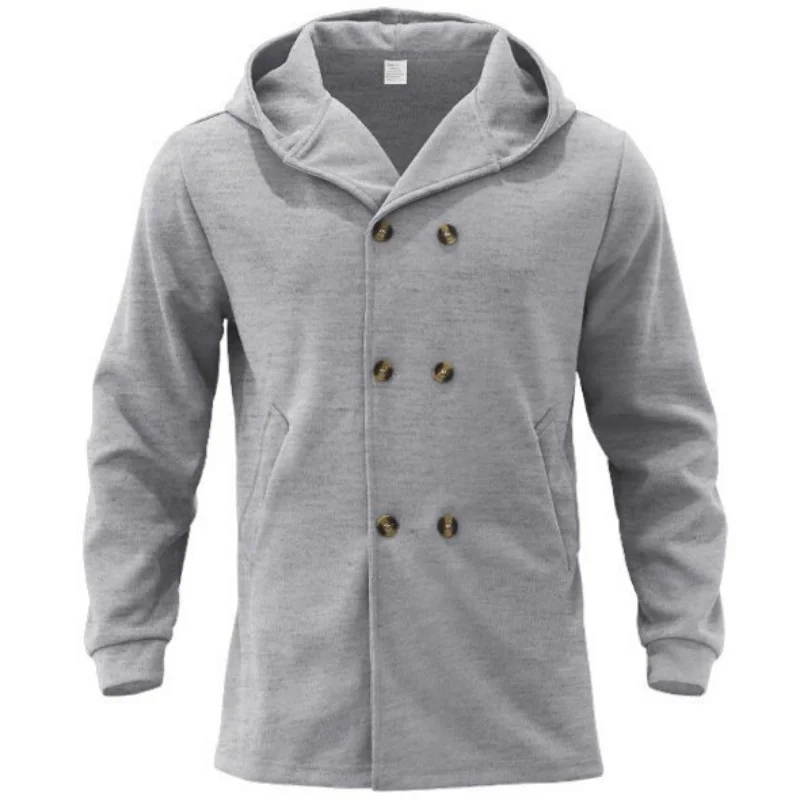 

Men's Solid Color Mid-Length Hooded Coat Autumn/Winter Casual Double Buttoned Front Wind Jacket