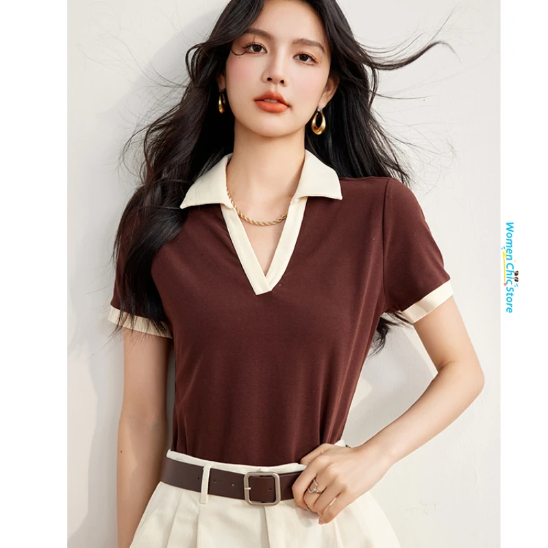 

Contrasting Spliced POLO Collar Short Sleeve T-shirt Women Y2k Tops 2024 Summer Streetwear Sexy Slim Fit Tees Shirts Femme D3308