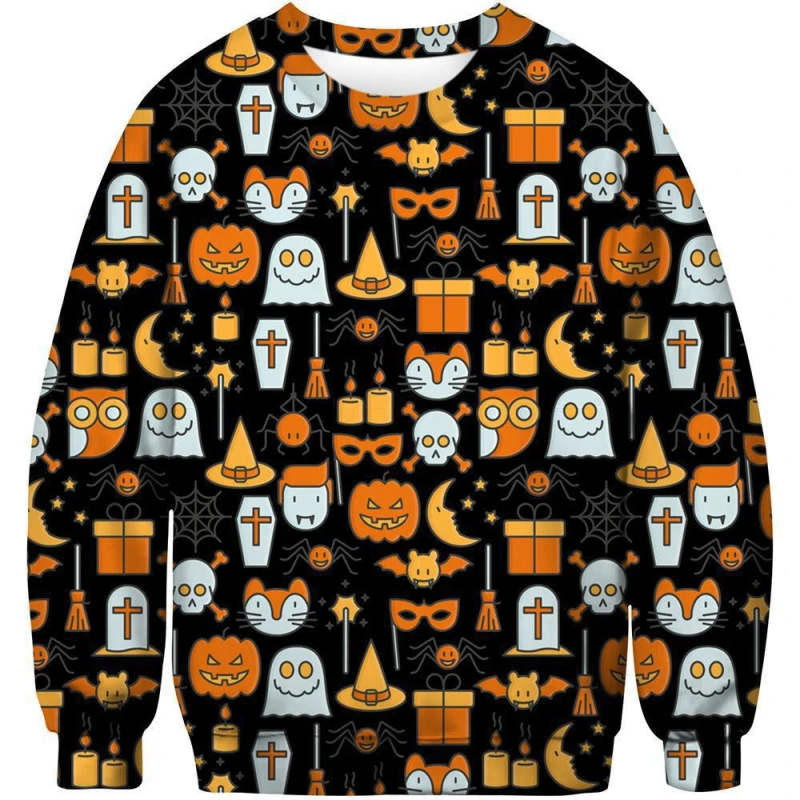 Halloween Men's Sweatshirt Round Neck Long Sleeves Pullover Hoodies  3D Printed Pumpkin Cross Ghost Pattern Street Sweatshirts