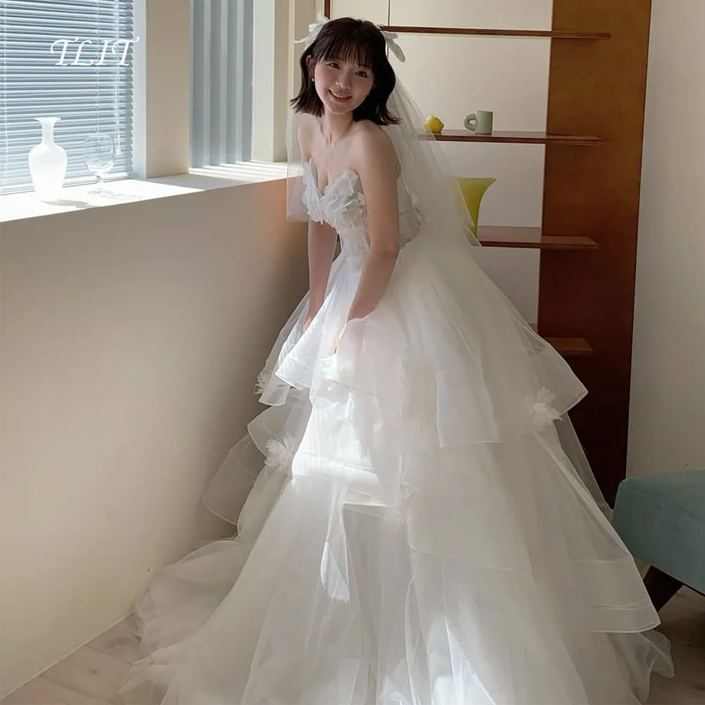 TLIT Elegant White Tiered Tulle Evening Dresses Korea Wedding Dresses Photo Shoot Sweetheart Flowers Prom Gowns Customized