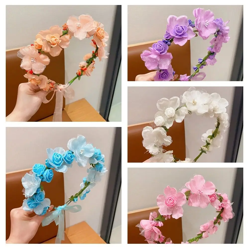 Colorful Floral Garland Fairy Simulation Flower Mesh Children Flower Headband Hair Ornaments Hair Hoop Bridal Crown Headress