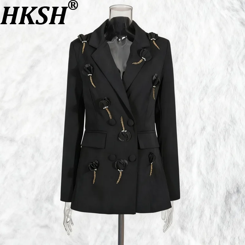 

HKSH Spring Autumn New Women's Blazer Three-dimensional Flower Diamonds Double Breasted Slim Fit Fashion Elegant Jackets HK14767