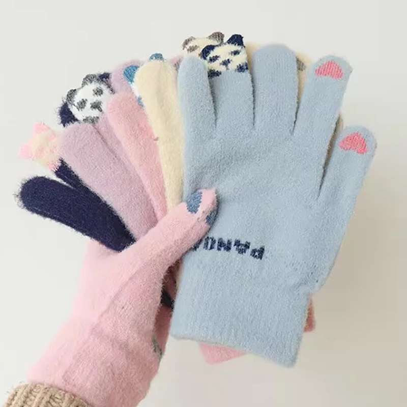 Autumn Winter Female Girls Lovely Panda Riding Warm Thickened Coldproof Student Knitted Wool Screen Cotton Gloves Five Fingers