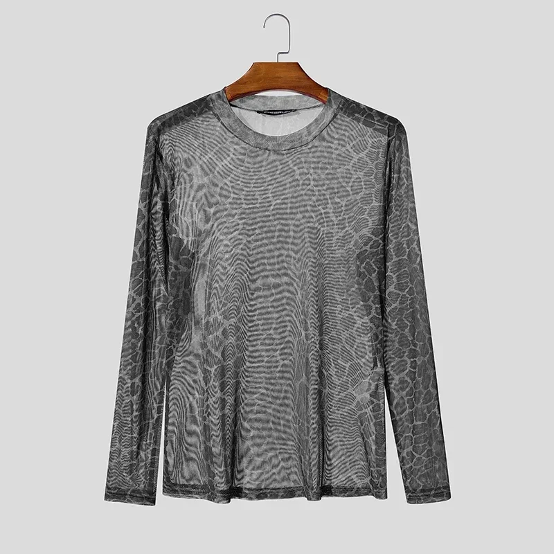 Men's Animal Print Sheer Mesh Long Sleeve Shirt Snake Leopard Pattern   Fit Round Neck Tops Gothic Party Layering T-shirt view 4