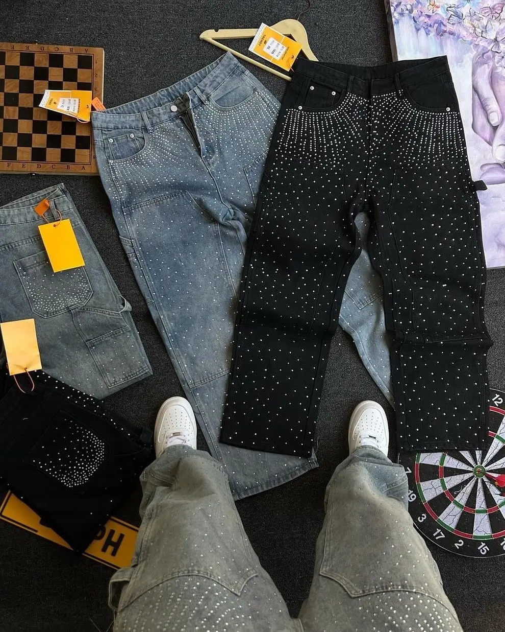 Celana Jeans Vintage 2025 Berhias Rhinestone dan Sequin untuk Pria, Streetwear Hip Hop, Kantong, Model Lurus, Vintage, Longgar, Pinggang Rendah, Celana Wanita