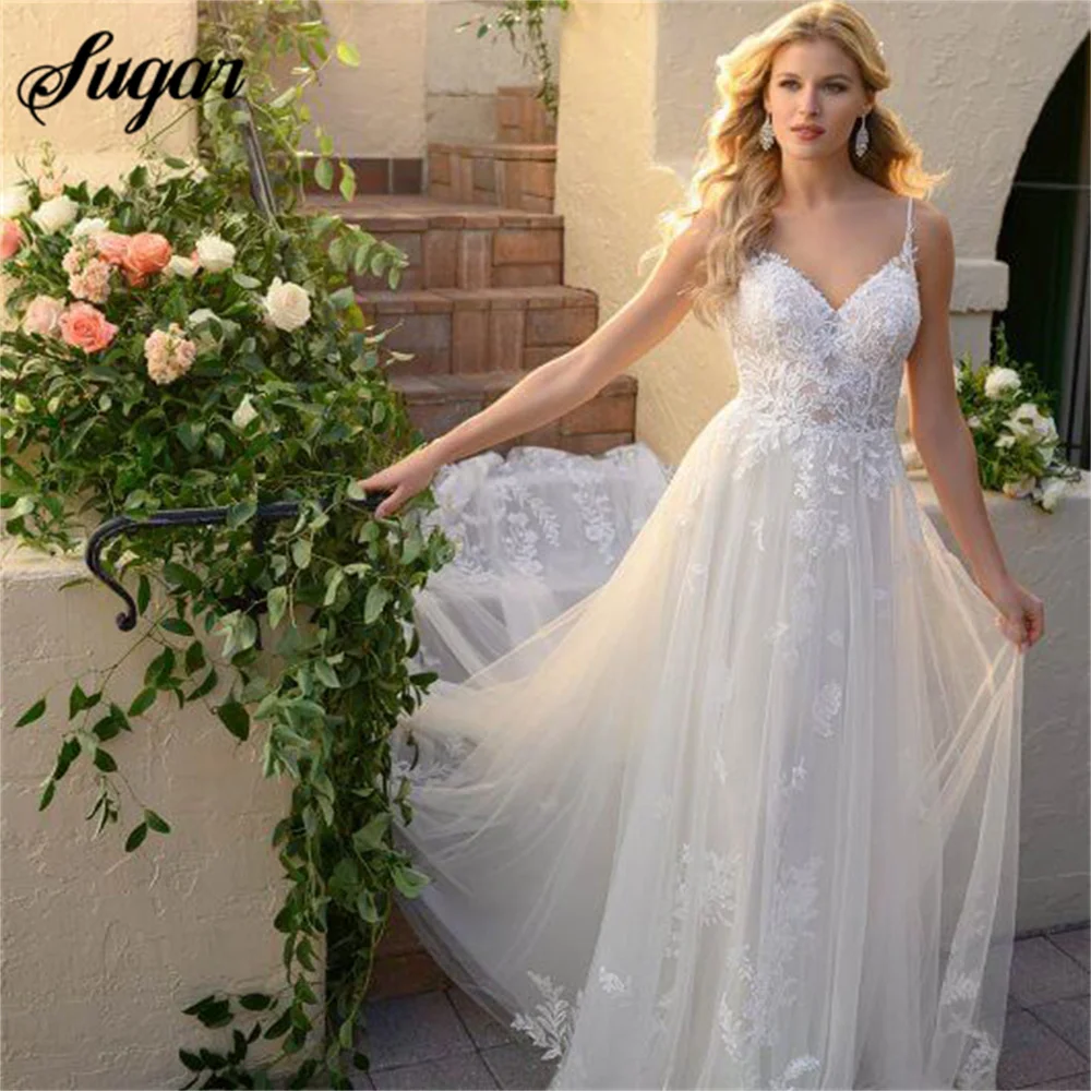 

Spaghetti Straps Charming Wedding Dress Elegant V Neck Wedding Gown Appliques Lace Bridal Dress Sexy Bridal Gown vestido novia