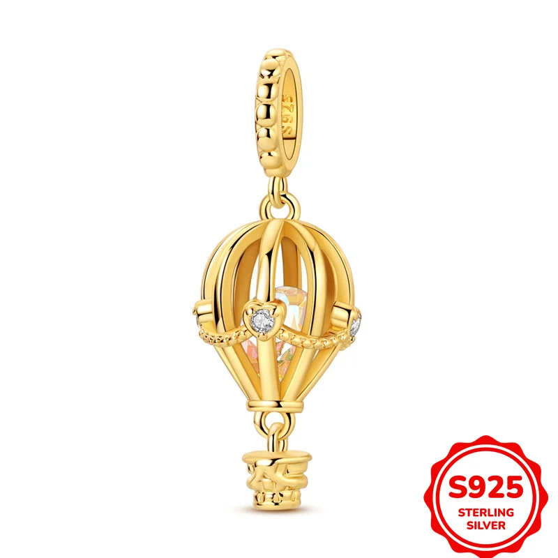 

Original 925 Sterling Silver Golden Hot Air Balloon Pendant Charms Beads Fit DIY Bracelet Necklace Engagement Birthday Jewelry G