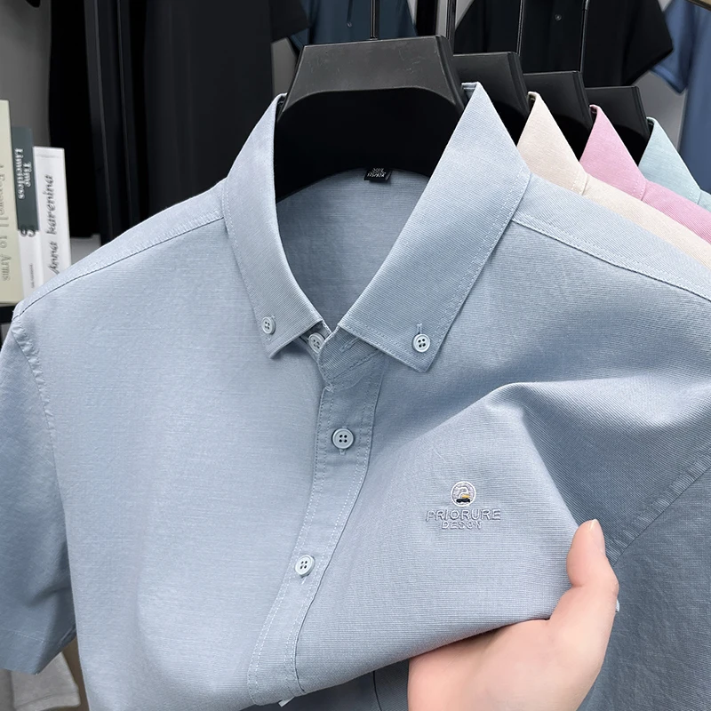 

Luxury Man Short-Sleeved Shirt Button Lapel Letter Embroidery Summer New British Style Ventilate Tops Fashion Casual Men's Wear