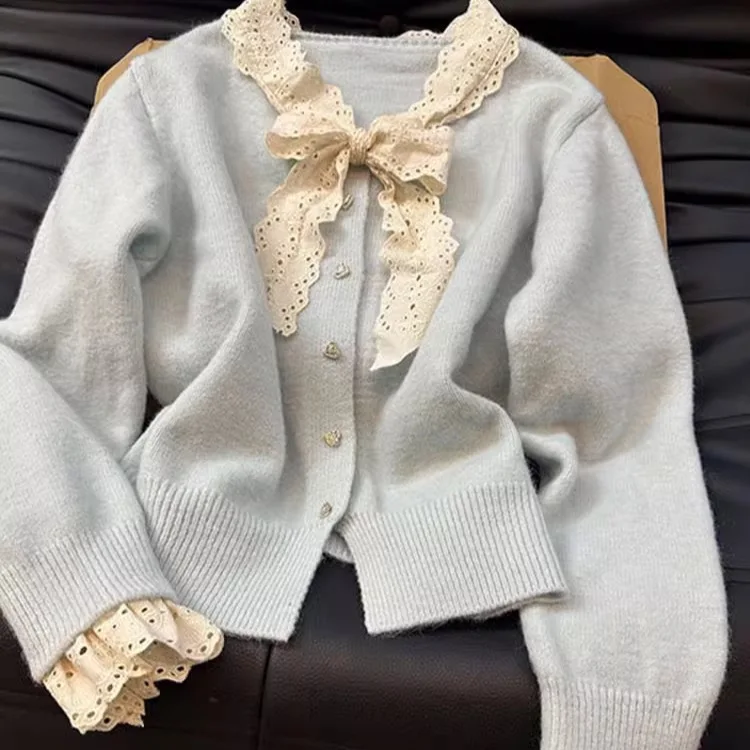 Frauen Stricken Jumper Feste Beiläufige O Neck Bogen Spitze Strickjacke Pullover Einreiher Dicken Pullover Dame Süße Herbst Winter