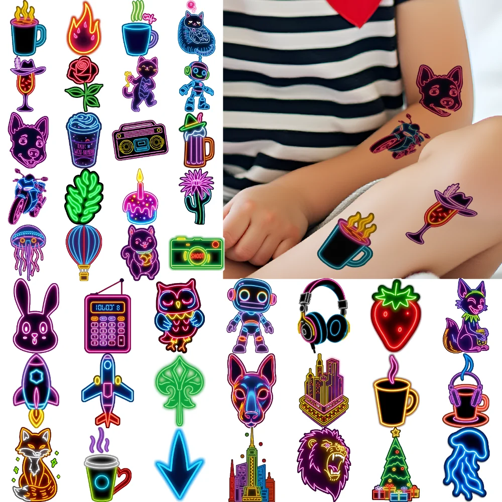

63 шт., временные татуировки, крутые наклейки, временные татуировки, неоновые наклейки для рук, плеч, детей