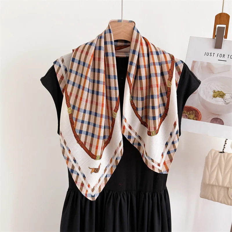 Luxury Vintage Plaid Square Scarf Women Sping Soft Stain Neck Hair Bandana Fall Bag Scarf Hijab Neckerchief