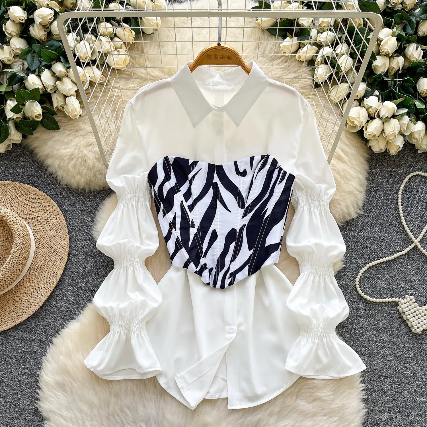 

ALPHALMODA 2026, French Retro, Puff Sleeve, Shirt + Waist Cincher, Women Unique 2pcs Set, Ladies Spring, Summer, Fashion Outfit