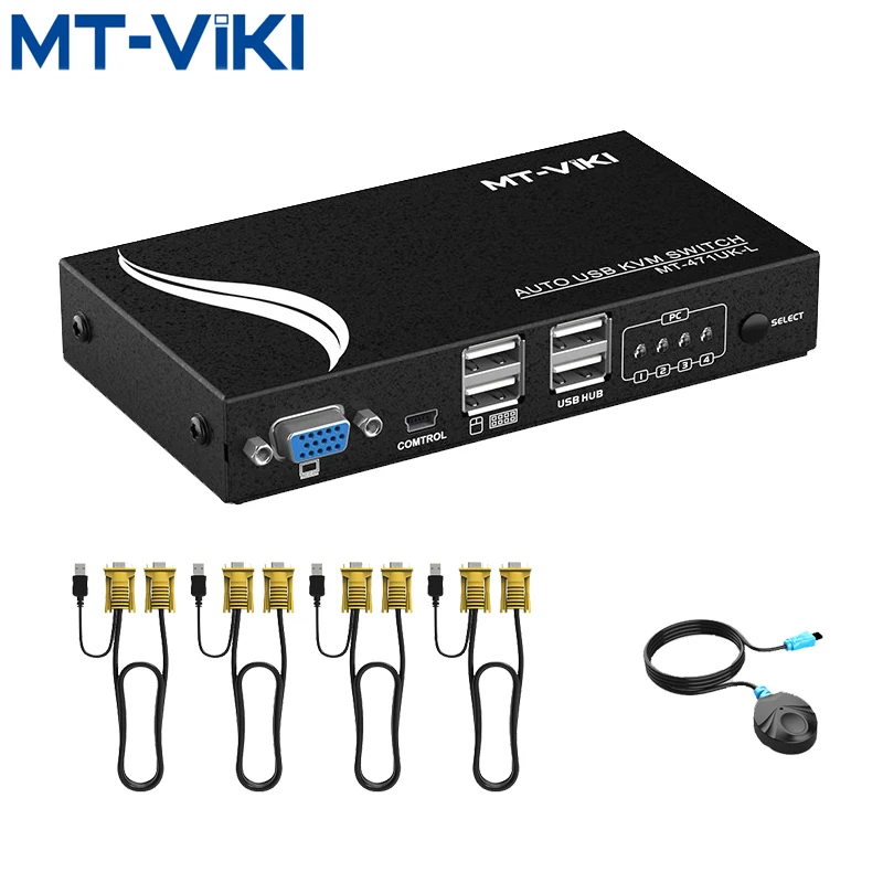 MT-Viki 4 Port Auto USB KVM Switch Hotkey Select with Original Cables Metal Casing Resolution PC Manage Send cable MT-471UK-L