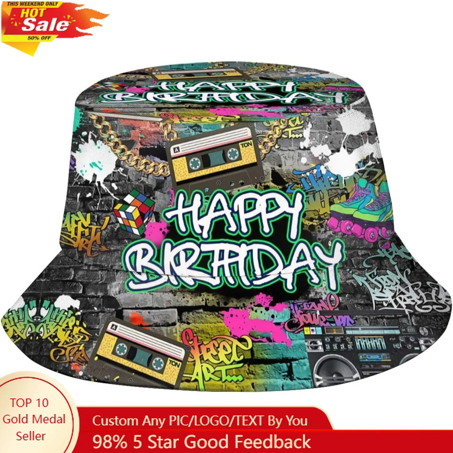 

Graffiti Birthday 80s 90s Bucket Hat Packable Fishing Sun Cap Summer Fisherman Hats for Women Men