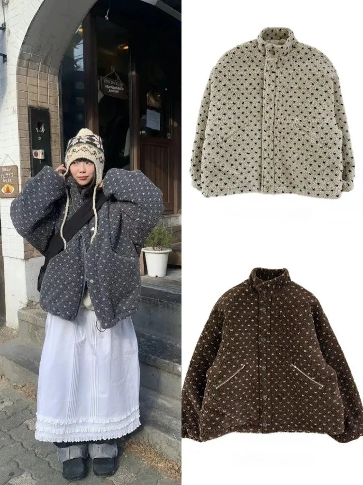 بوابة الشرق القلب البولكا نقطة فرو الضأن Jaet المرأة خمر فضفاض دافئ الوقوف طوق Plu معطف المرأة Faion الخريف #1