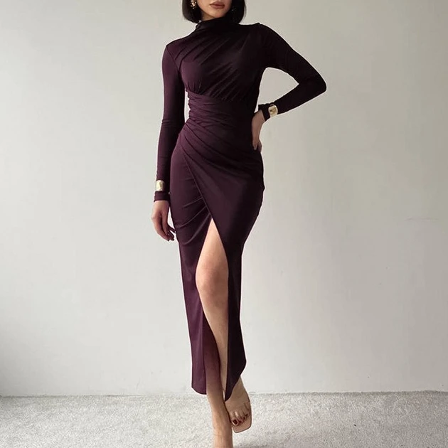 FW25 Vestido midi ajustado con detalle ahumado y cuello medio alto para mujer con abertura en el muslo Elegante moda de otoño