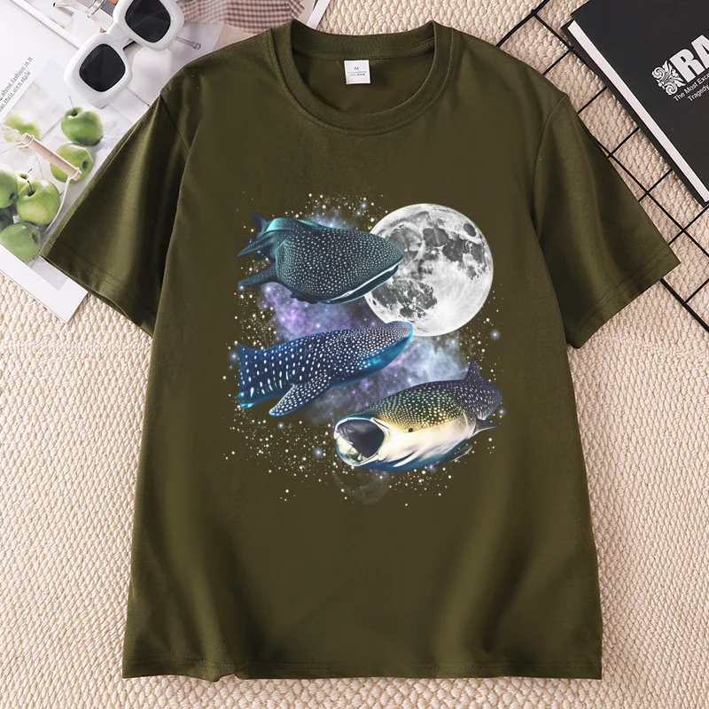 Three Whale Shark Retro Graphic T-shirts Women Men Sea Creature Moon Tshirt Whale Funny Tee Oversized Short Sleeve Cotton