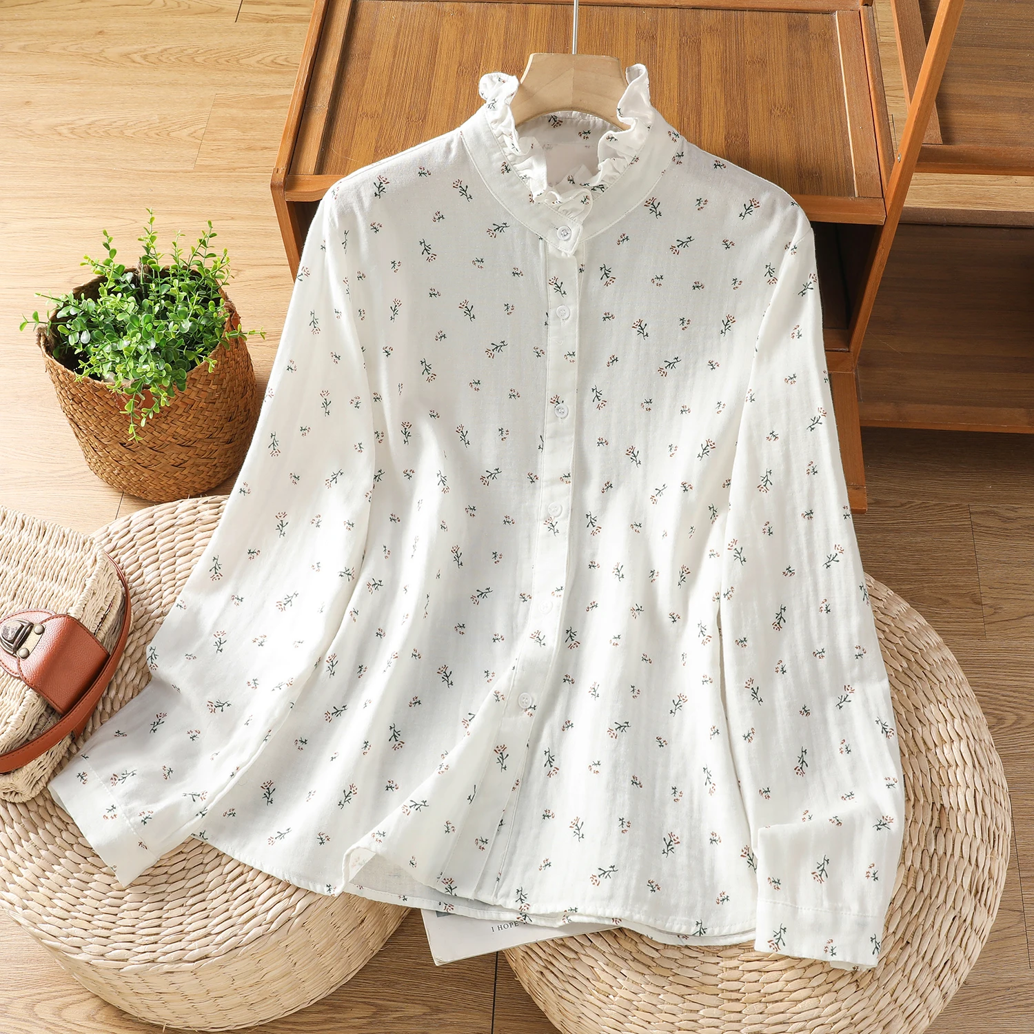 

Мягкий чистый хлопок Long Sve irt с цветочным принтом и воротником-стойкой, двухслойный хлопковый марлевый осенний топ, приятный для кожи, женская мода