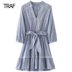 TRAF Mini Striped Dresses Female Dresses Summer 2024 Bow V-Neck Long Sleeve Single Breasted Dress Streetwear Vacation Dresses