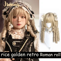 Synthetic Beige Elegant Retro Roman Roll Double Ponytail Lolita Tiger's Mouth Clip Wig