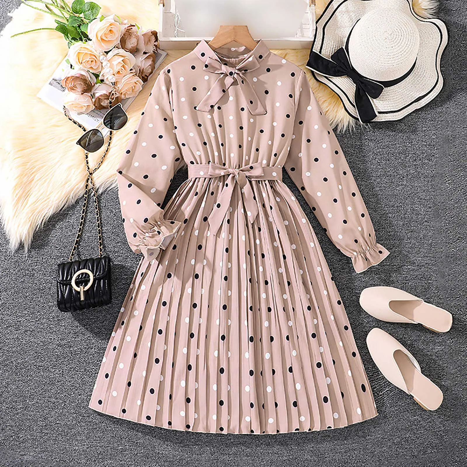 Kids Casual Dress for Girls Clothes Autumn Winter 2024 New Children Fashion Dot Print Long Sleeve A-line Dress with Belt 7-14Y