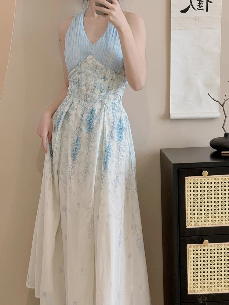 Jmprs 꽃 섹시한 홀터 비치 드레스 여성 우아한 슬림 달콤한 민소매 빈티지 롱 드레스 캐주얼 레트로 메쉬 패치 워크 베스 티드