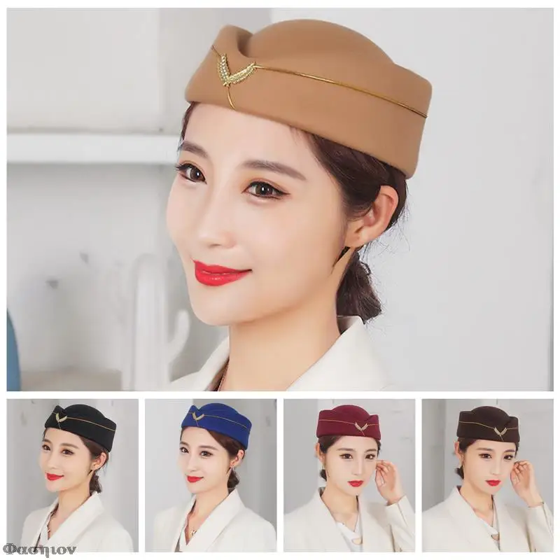 Elegant Stewardess Uniform Hats Women Wool Felt Berets Hat Cosplay Costume Role Play Prop for Women Fedoras Airline Formal Cap