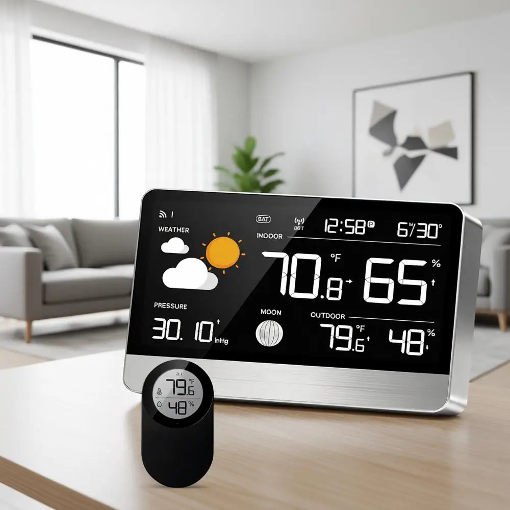 

Беспроводной термометр для дома и улицы с цифровыми атомными часами, дисплей 8,8 дюйма, домашняя метеостанция, прогноз погоды, 5 уровней яркости