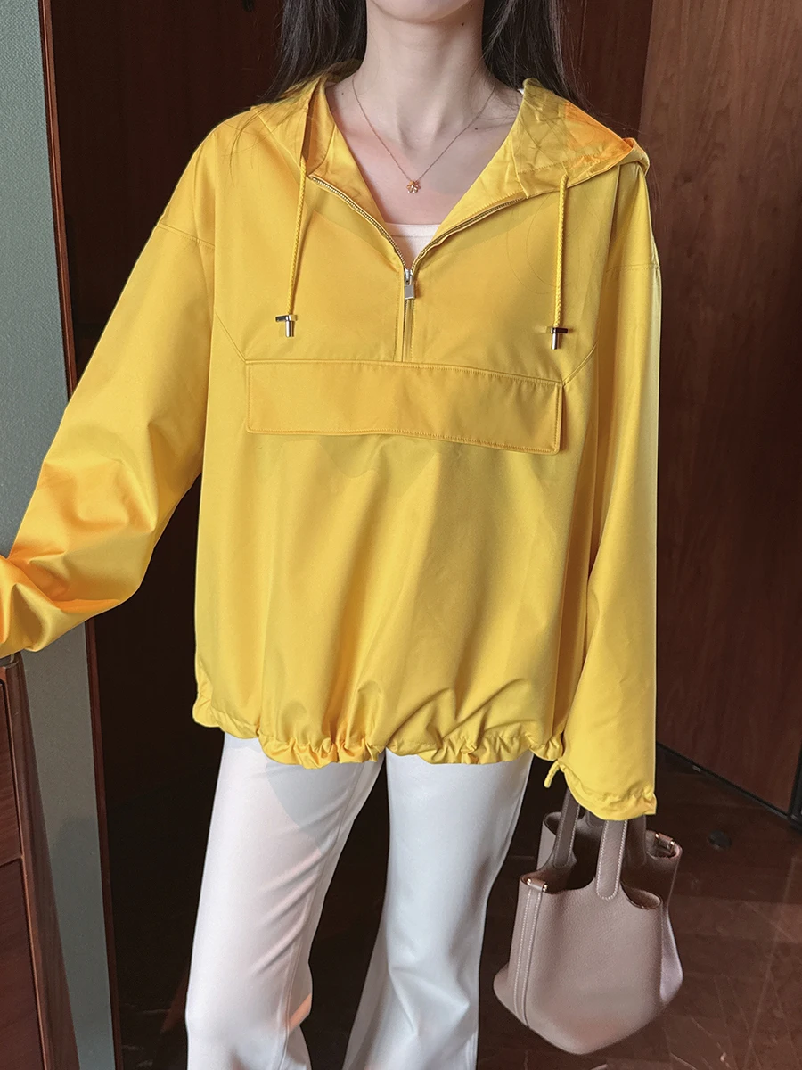 

Женская легкая толстовка с капюшоном и регулируемым подолом, свободного кроя, H-образная, желтая, повседневная, с длинными рукавами, весенняя верхняя одежда