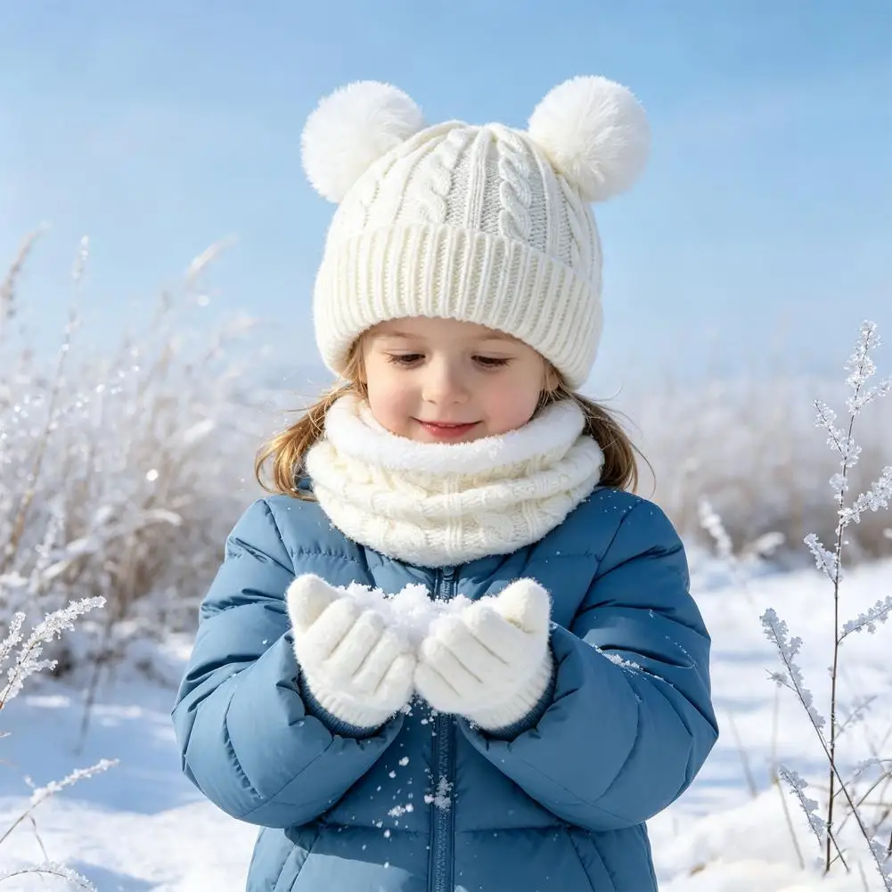 Warm Knitted Hat with Pom Poms Kids Winter Knit Set with Bear Ear Hat Fleece Lined Neck Gaiter Full Finger Gloves – for Boys