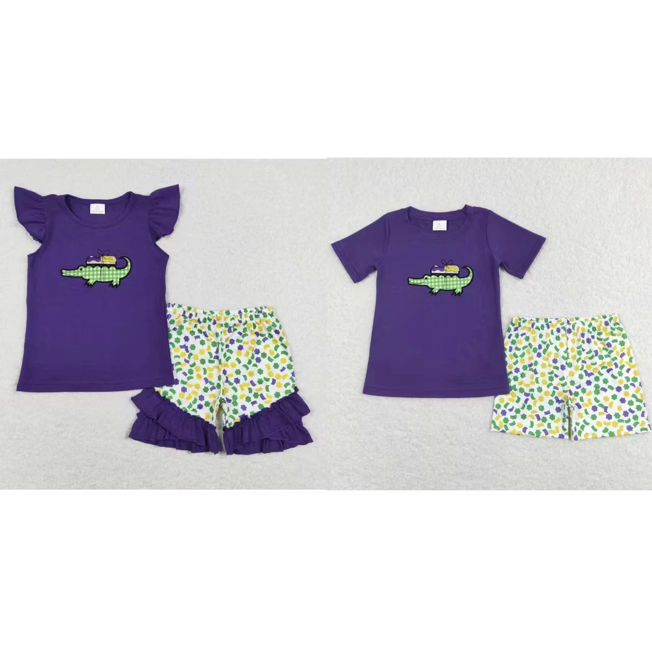 

Wholesale Kids Mardi Gras Purple Set Matching Baby Boy Girl Short Sleeves Embroidery Cotton Shirt Toddler Children Shorts Outfit