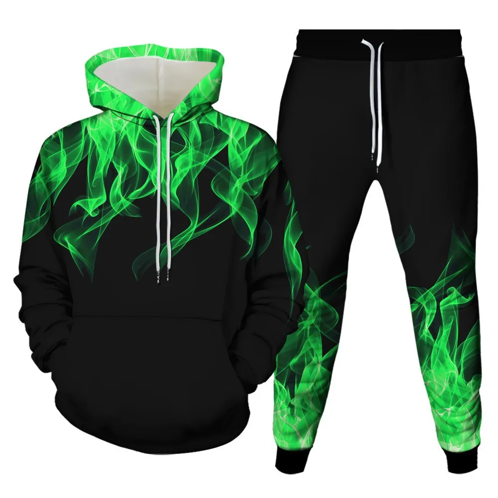 Hoodies Set 3D Print Colored flame Tracksuit Set Man Woman Hoodies+Pants 2pcs Sets Fashion Sportwear kids Pullover Coat Clothing