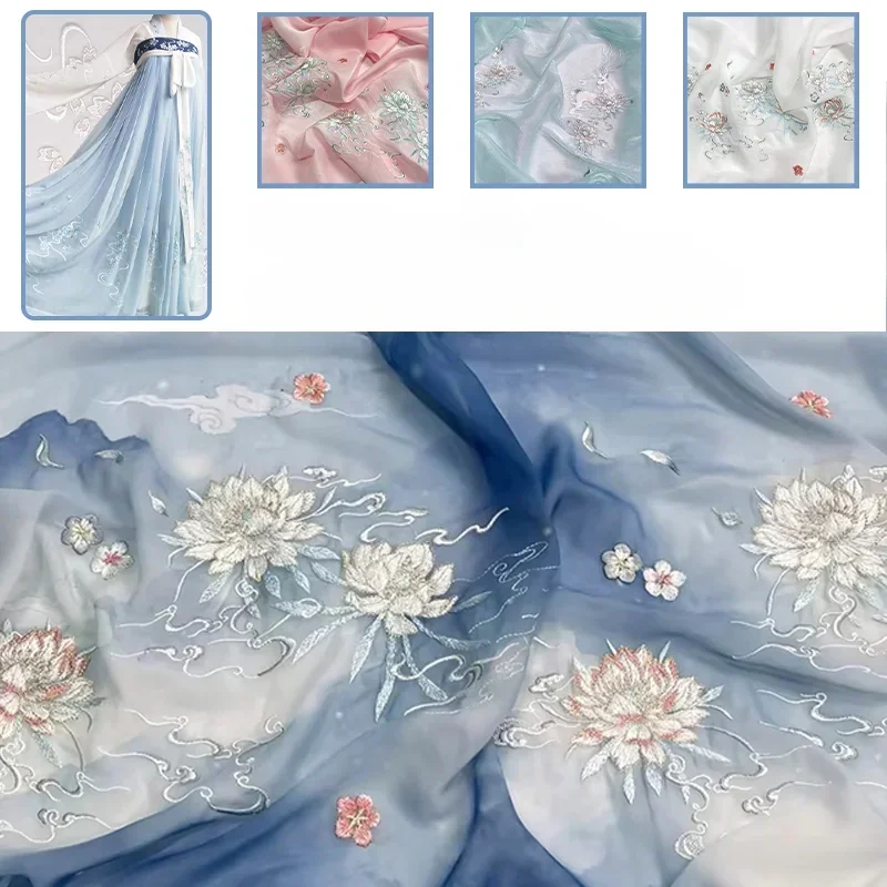 100x150cm Chinese Hanfu Embroidery Fabric Organza Ancient Style Printed Designer Fabric For DIY Hanfu Shirts Doll Clothing