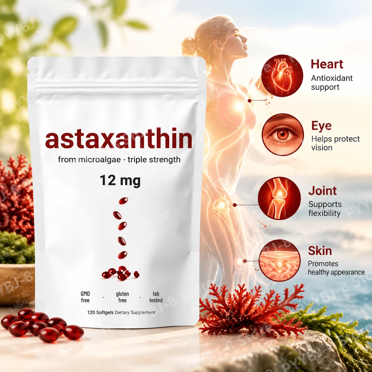 12mg Triple Strength Astaxanthin Softgels, Antioxidant Support for Heart,Eye,Joint & Skin Wellness,From Microalgae,120 Softgels