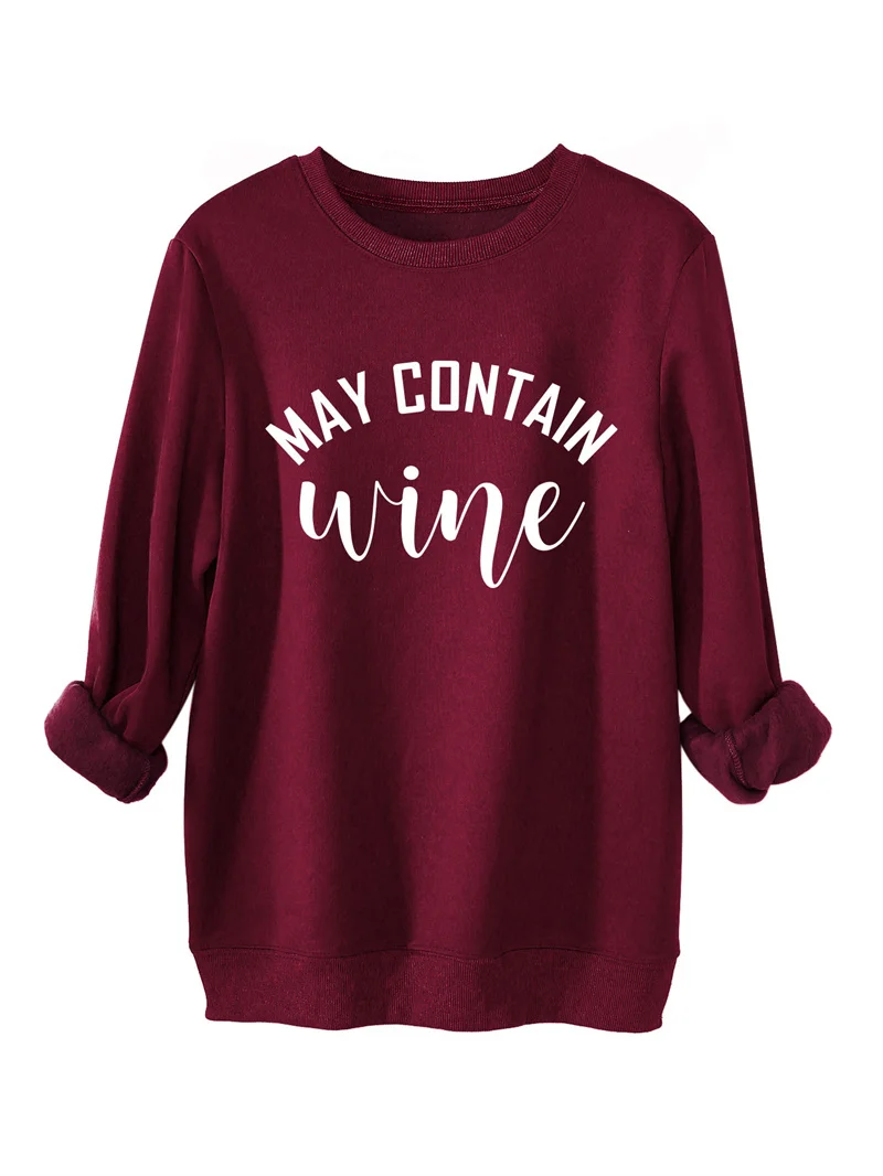 Autumn and winter cashmere fashion women May Contain Wine printing simple trend loose large size round neck thick warm hoodie