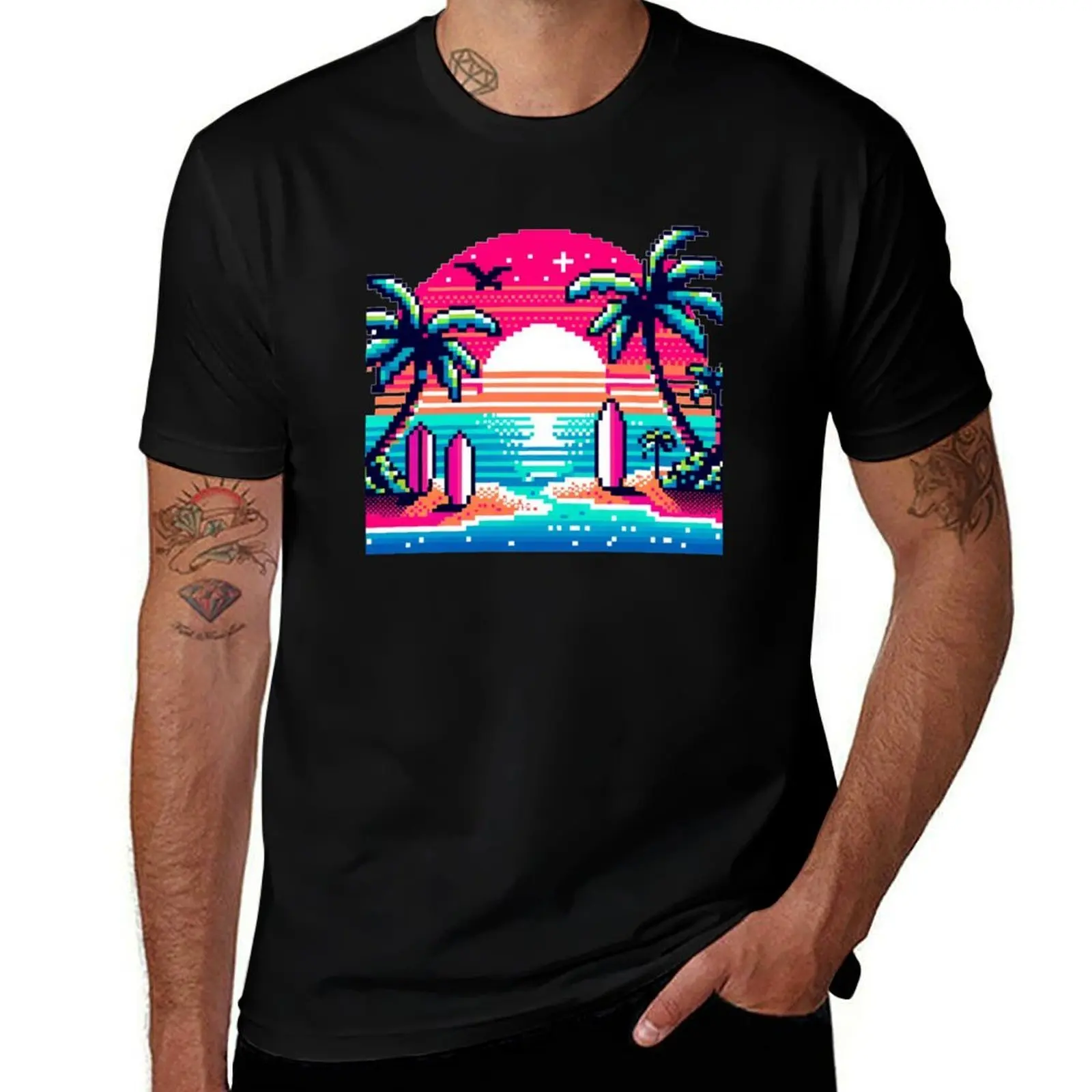 Pixelated Paradise Escape T-Shirt Art Pattern Printed Casual Top T-Shirt