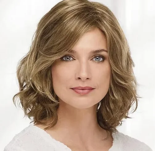 Mid-Length Wig with Swept Bang Synthetic Hair Wavy Wigs for Party