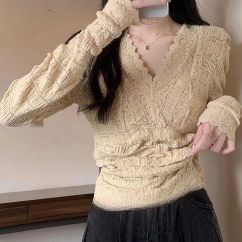 

Korean Female Lace V-neck Shirt Coat Spring Women Long Sleeved Cardigan Blouse Jacket Ladies Fashion V-neck Blouse Top Outerwear