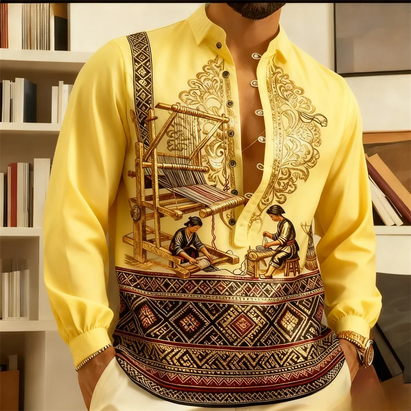 

Baju Melayu Men's Long Sleeve Shirt Traditional Weaving Craft Print Gold Ethnic Pattern Casual Blouse Top for Cultural Occasions