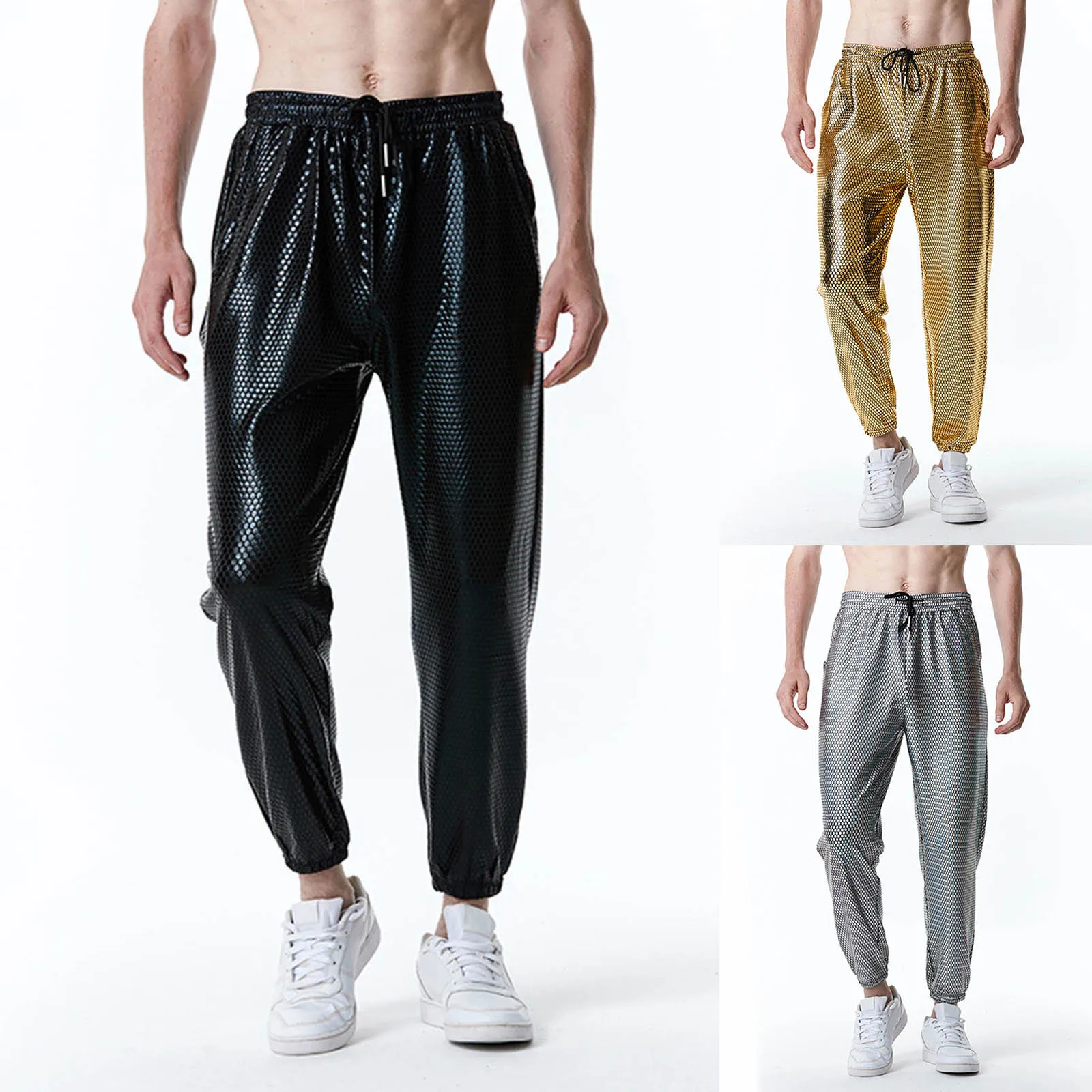 

Mens Metallic Shiny Gold Fish Scales Jogger Sweatpants 70s Disco Dance Harem Pants Men Nightclub Stage Party Streetwear Trousers