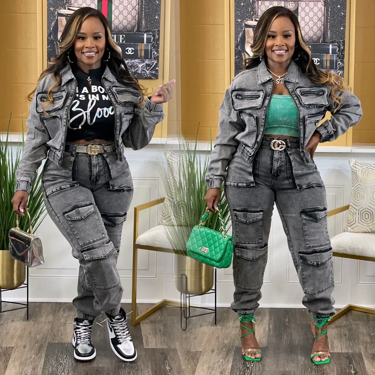 

Washed Women Denim 2 Piece Set Jeans Zipper Fly Crop Jacket High Waist Cargo Pants Matching Set 2024 New Popular Tracksuits