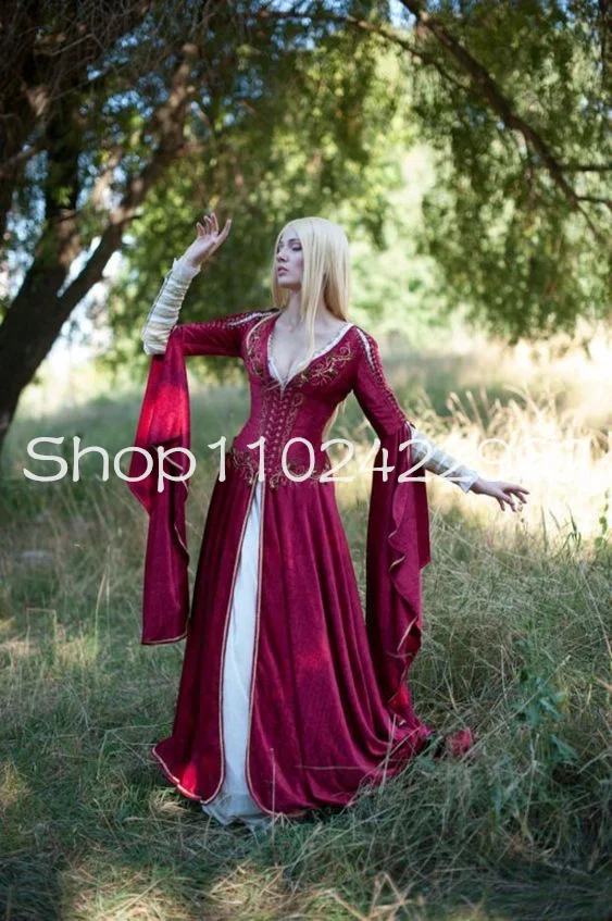 Medieval Fantasy Crimson prom occasion Dress with Long Sleeve Embroidery Dark Red velvet costume halloween evening gown