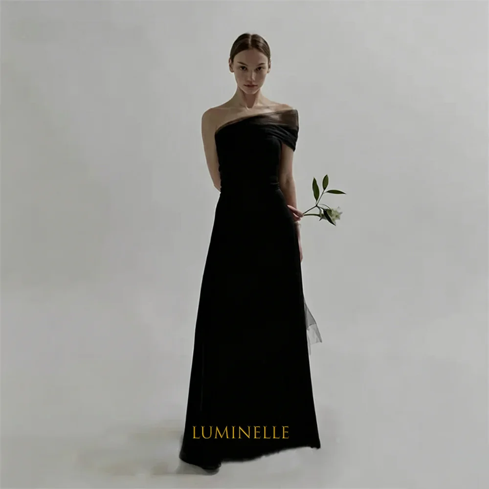 

Simple Black Strapless Korea Evening Dress With Bolero Tulle One Shoulder A Line Elastic Satin Formal Party Dress Wedding Gown