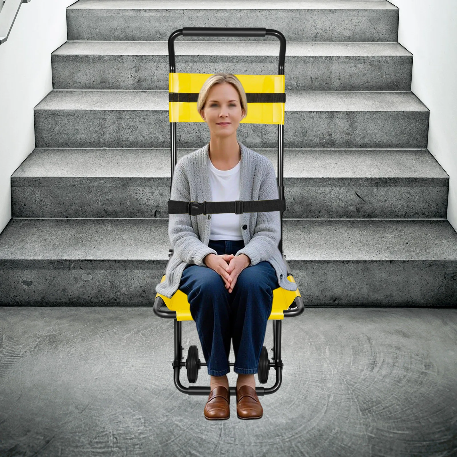 Folding Stair Chair – Aluminum Alloy – 350 lbs Capacity – 4 Wheels – Safety Belts – Emergency Rescue Stretcher for Hospital Home – Yellow Black