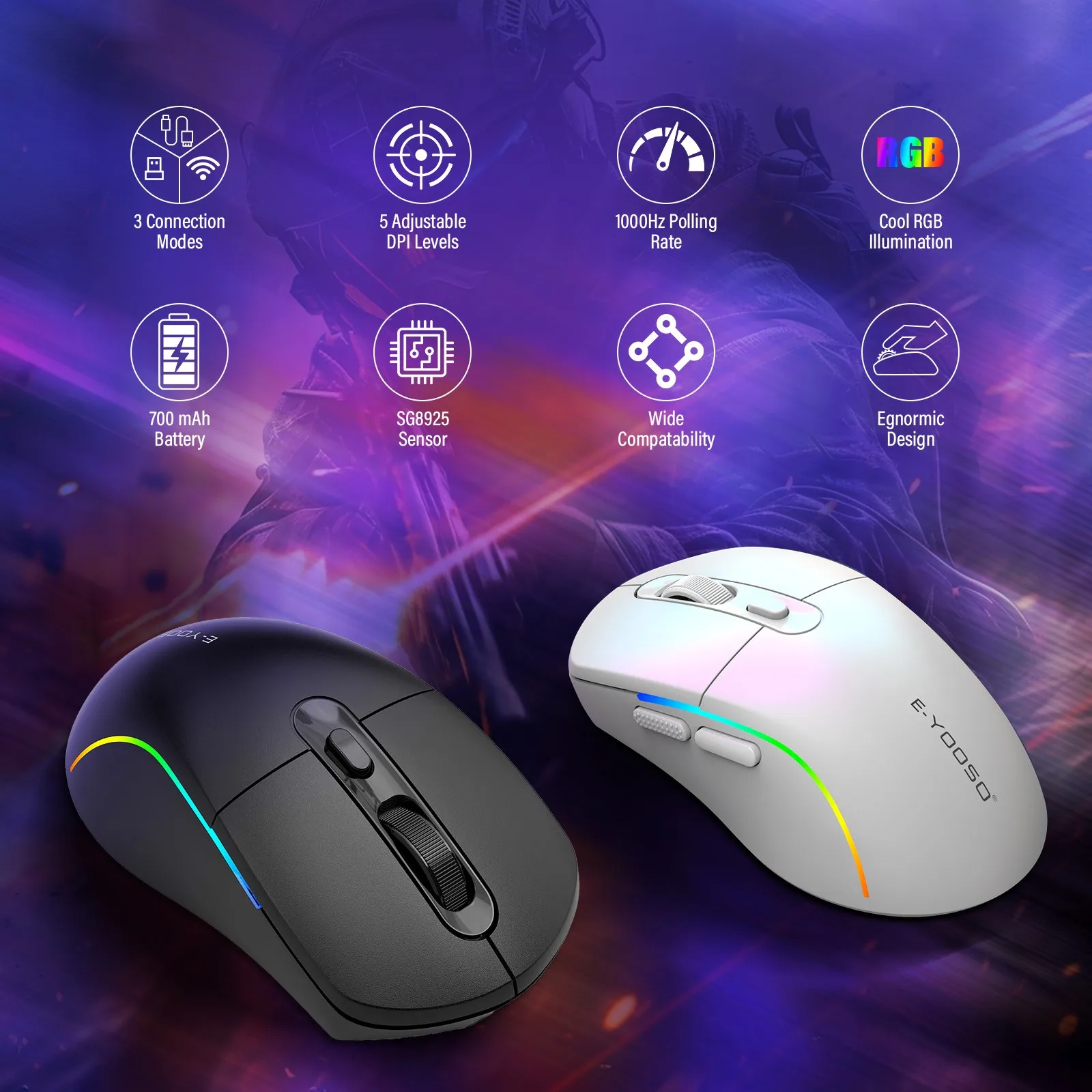 E-YOOSO 3-Mode Gaming Mouse  Extremely long standby time 4000DPI  6 Programmable ButtonsMouse With RGB For Laptop PC Gamer
