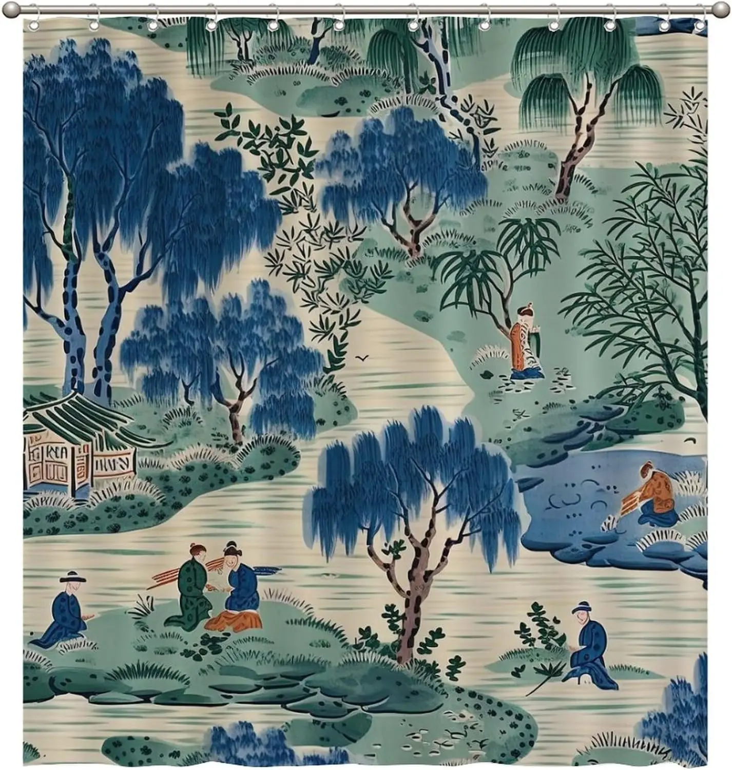 

Водонепроницаемая шторка для душа «Азиатский сад династии» 72x80 дюймов, сине-зеленая, в стиле шинуазри, из полиэстеровой ткани, для ванной комнаты