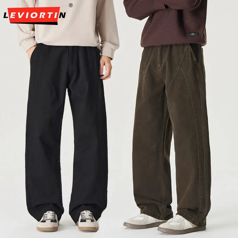 Men's Clean Fit Casual Pants Cotton Japanese Vintage Straight Leg Loose Patchwork Versatile Commute Workwear Autumn Trousers