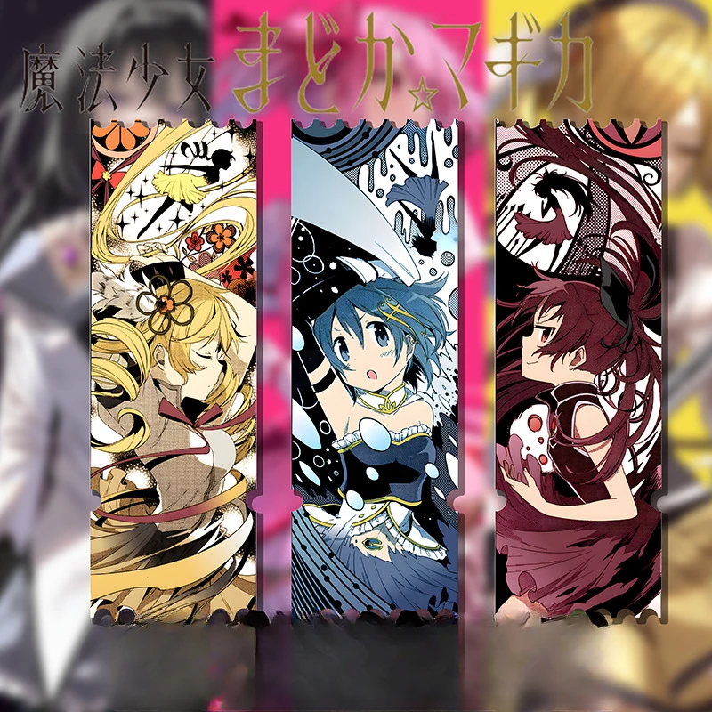 18X6CM Kaname Madoka Akemi Homura Miki Sayaka Tomoe Mami Sakura Kyōko Popular Anime Peripheral Bookmark Quicksand Laser Ticket