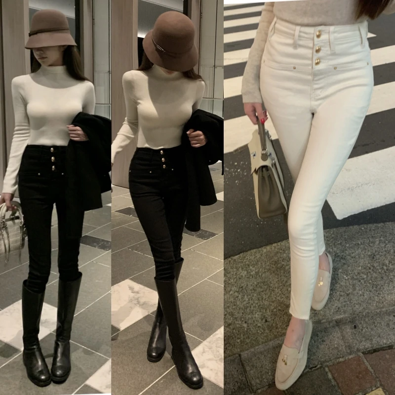 Nowe Białe Obcisłe Jeansy Damskie z Wysokim Stanem Casualowe Elastyczne Jeansy Vintage Sexy Femme Długość do Kostek Spodnie Ołówkowe Jeansy Denim