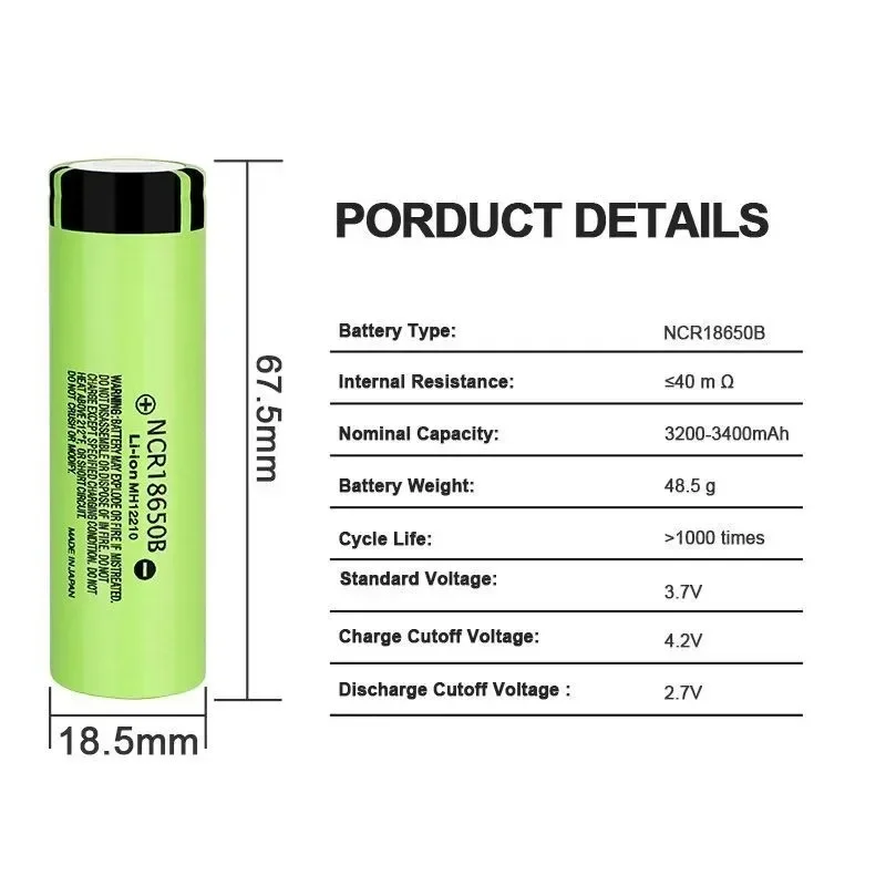 2025 Battery 18650 Panasonic INR18650-34B 3.7V, 3400mAh Li-ion Battery